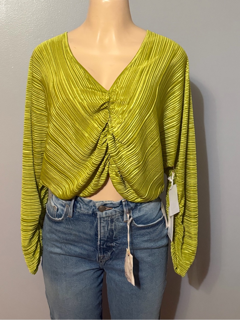 Good American Lime Green Ruched V-Neck Long Sleeve Top
